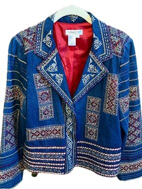 Coldwater Creek Blue Denim Jacket with Red and Cream Embroidery